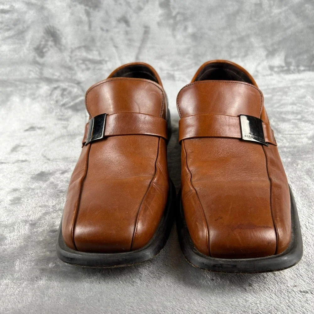 Kenneth Cole New York Mens Leather Loafers Cognac Brown Square Toe Size 11